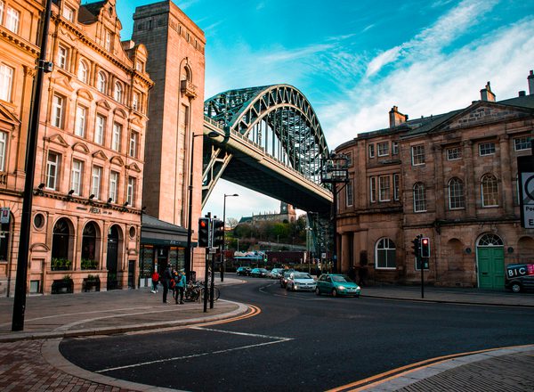 Newcastle street view of famous bridge and buildings