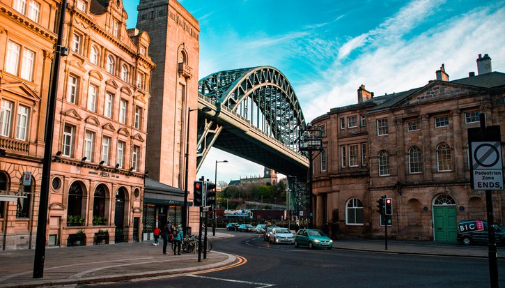 Newcastle street view of famous bridge and buildings