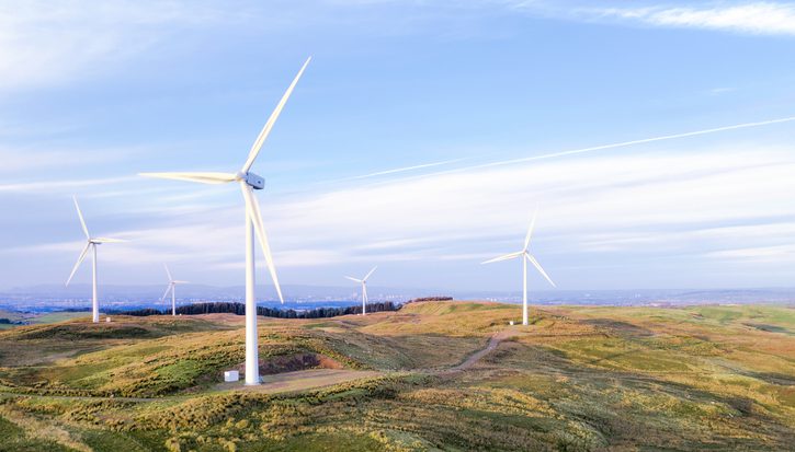 A wind farm in the hills to the south of Glasgow, Scotland.