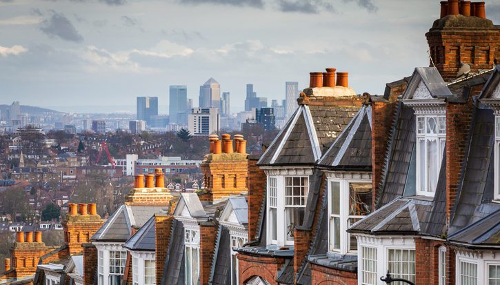 A row of red brick Victorian houses with panoramic views across to the skyscrapers and financial district of the city of London