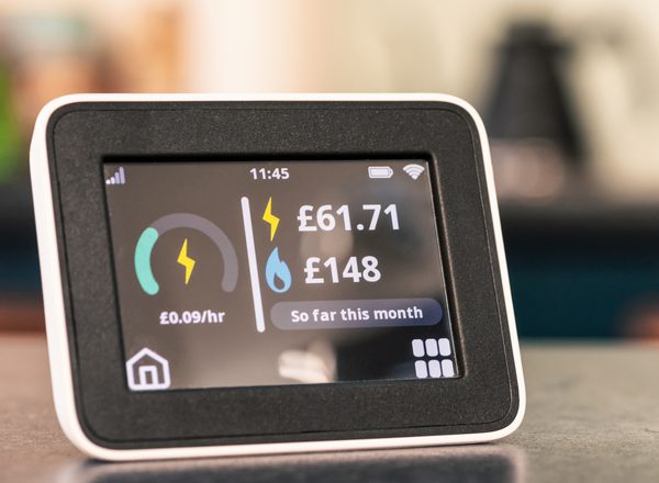 An energy smart meter sits on a countertop. It reads electricity: £61.71, gas: £148