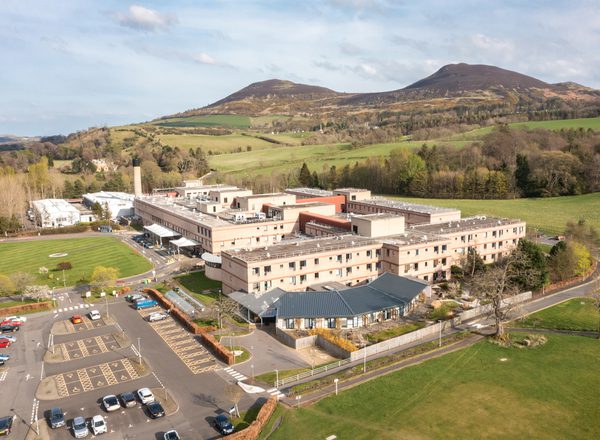 Aerial view of the Borders General Hospital on the edge of the Scottish Borders town of Melrose