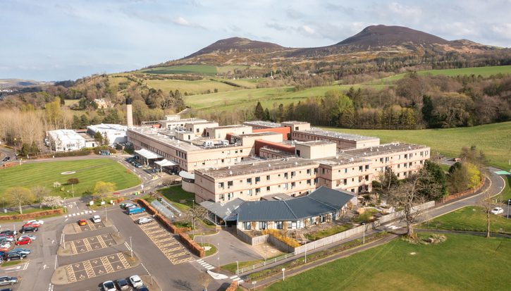 Aerial view of the Borders General Hospital on the edge of the Scottish Borders town of Melrose