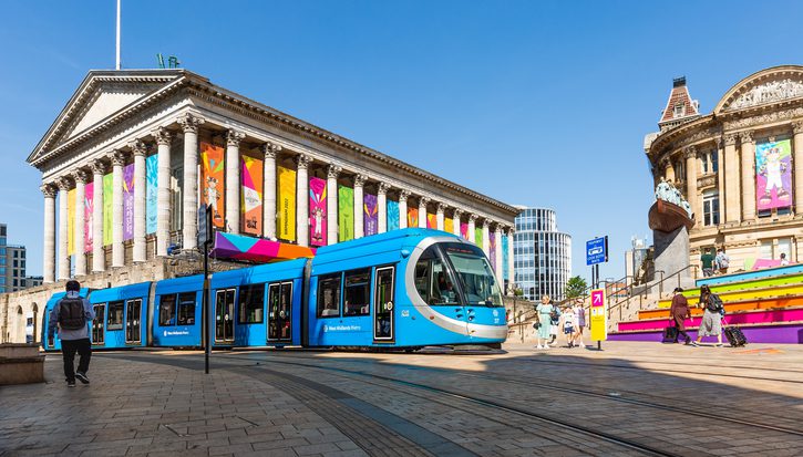 West Midlands Metro Tram at Victoria Square in Birmingham city centre during 2022 Commonwealth Games