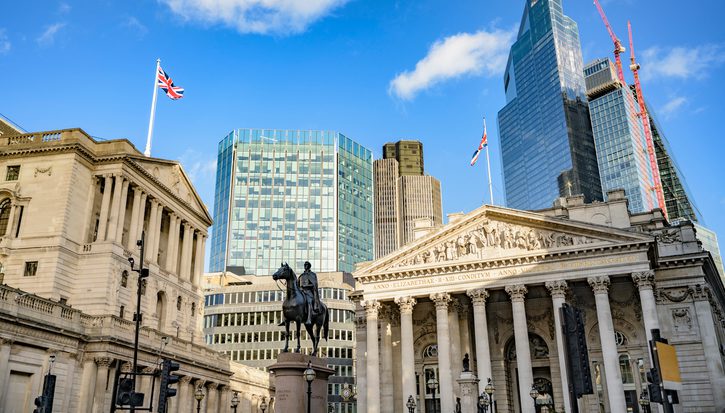 View of Bank of England, Royal Exchange, and Duke of Wellington equestrian statue (1844) with skyscrapers and construction in background.