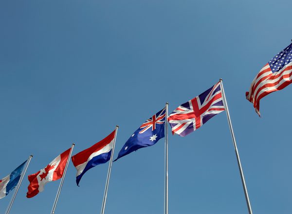 Many national flags against blue sky