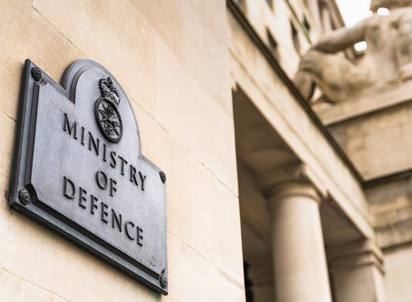 The sign for the Ministry of Defence by the building's main entrance