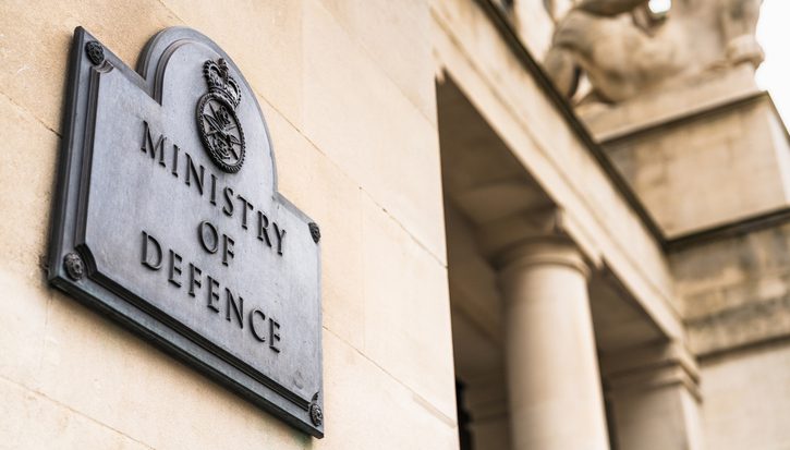 The sign for the Ministry of Defence by the building's main entrance