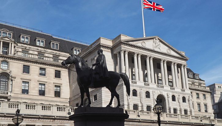 The Bank of England is watched over by a statue of the Duke of Wellington seated on his horse