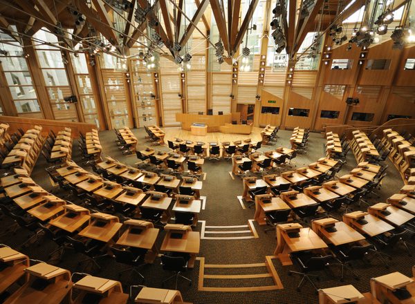 A wide shot of the debating chamber at the Scottish parliament