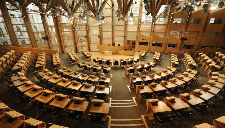 A wide shot of the debating chamber at the Scottish parliament