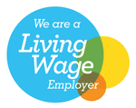 Three colourful circles. Text reads: 'We are a living wage employer'