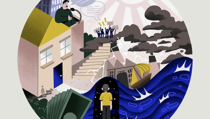 Illustration. A man stands on top of some steps looking through a starry doorway. He is surrounded by a flood which is threatening to swallow a house, a stack of money, a storm, an angry group of protestors. A politician gives a speech from the top of a building.