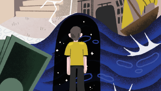 An illustration. A man looks into a doorway through which the universe is visible.