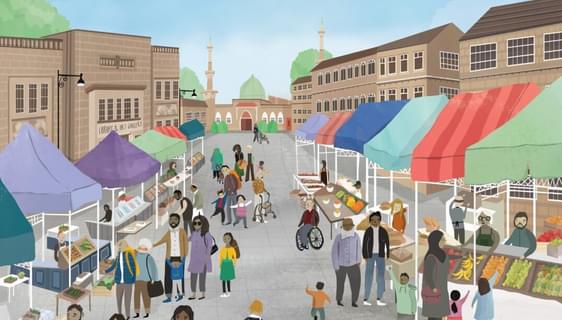 A colourful illustration of a street full of market stalls. Families and diverse groups of people stroll about in front of a mosque in the background.