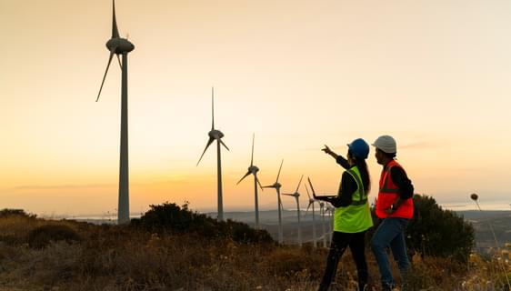 A man and a woman in high vis jackets and hard hats point at some wind turbines on a hillside in front of a sunset